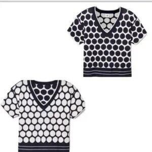 Used Cabi Volley Pullover #5641 Navy Blue & White Reversible Polka Dots Size L